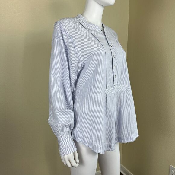 Free People Womens Size S Blue Pinstripe Sky Combo Edge Washed Tunic Blouse Boho - Picture 10 of 14